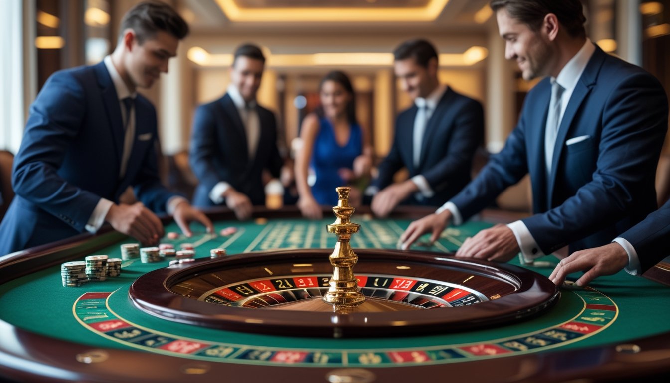 Meja roulette Amerika dengan pemain berpakaian rapi sedang bermain di kasino mewah.