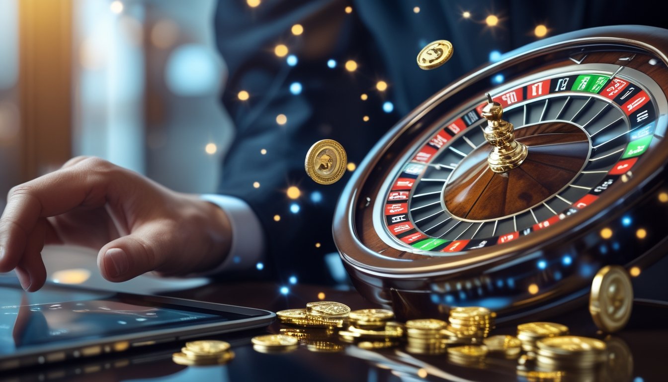 Seseorang menggunakan perangkat layar sentuh untuk bermain roulette Amerika secara online dengan roda roulette digital yang berputar dan koin emas di latar belakang.