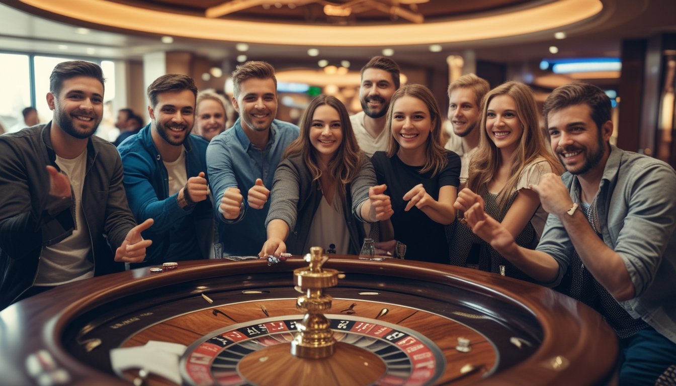 Beberapa pemain baru berkumpul di sekitar meja roulette Amerika di kasino yang cerah dan ramai.