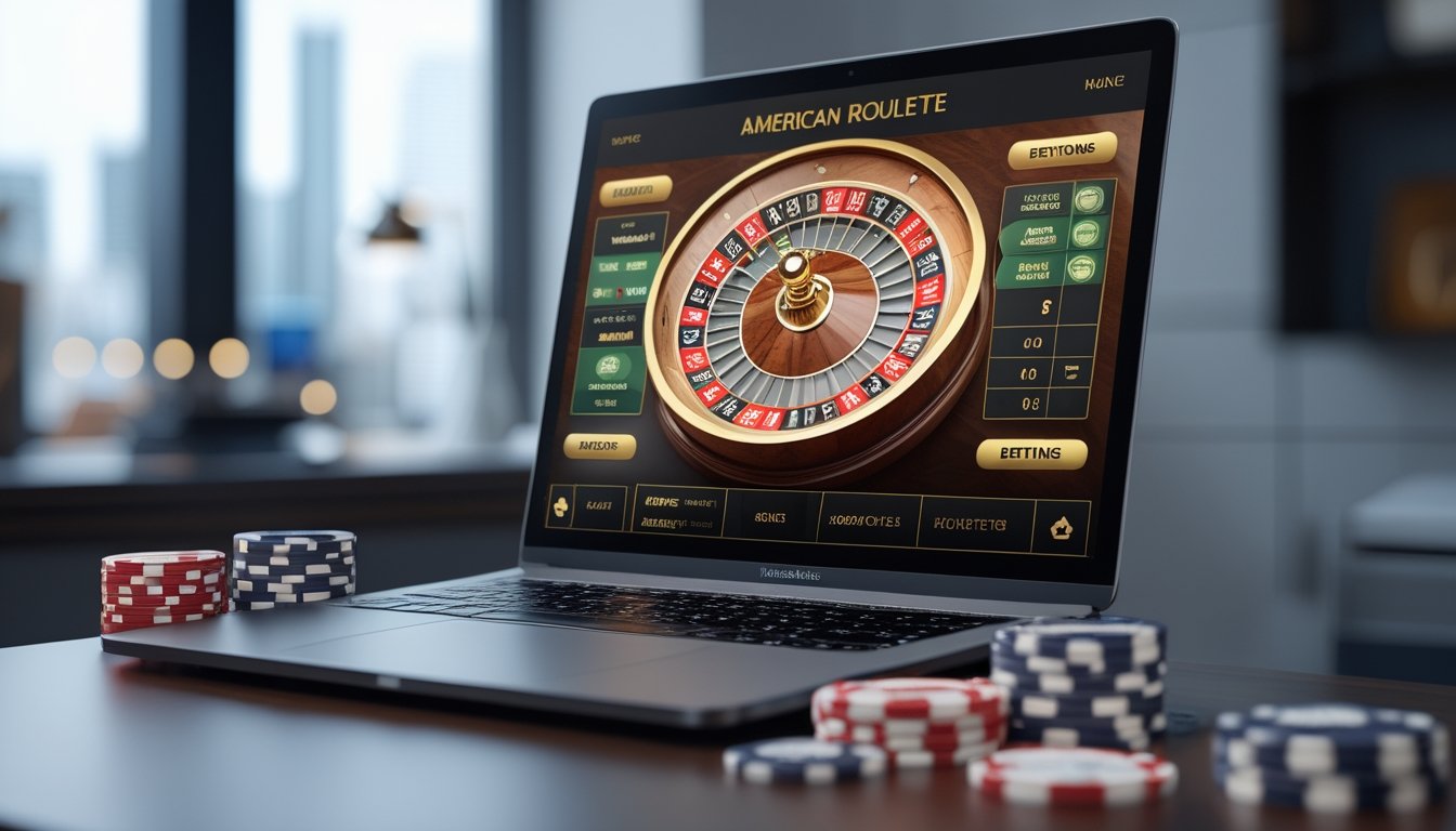Seorang pemain sedang menggunakan laptop untuk bermain American Roulette online dengan tampilan roda roulette dan chip digital di layar.