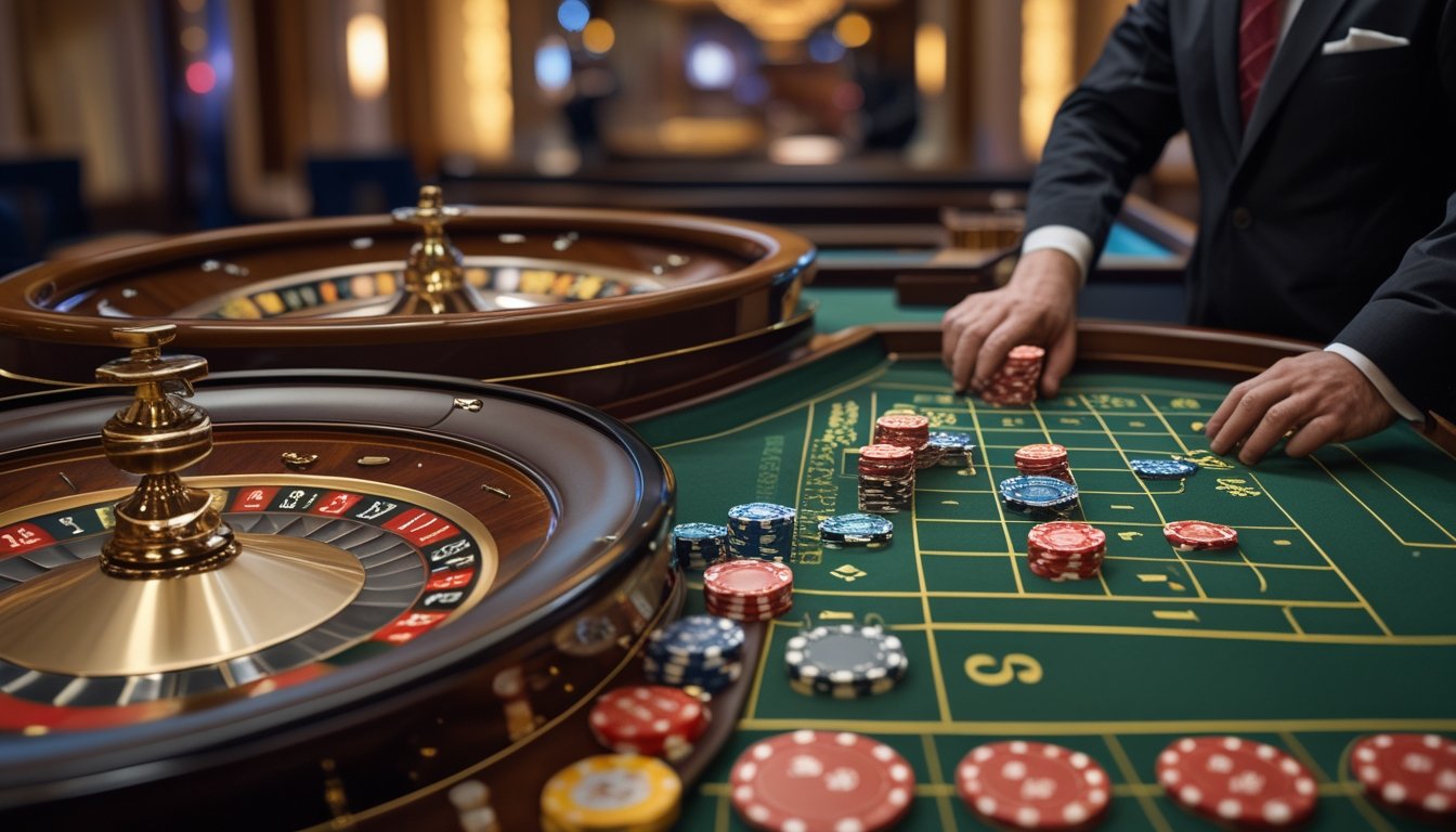 Dua roda roulette di kasino, satu dengan dua nol dan satu dengan satu nol, dengan tumpukan chip dan tangan bandar sedang meletakkan chip di meja taruhan.