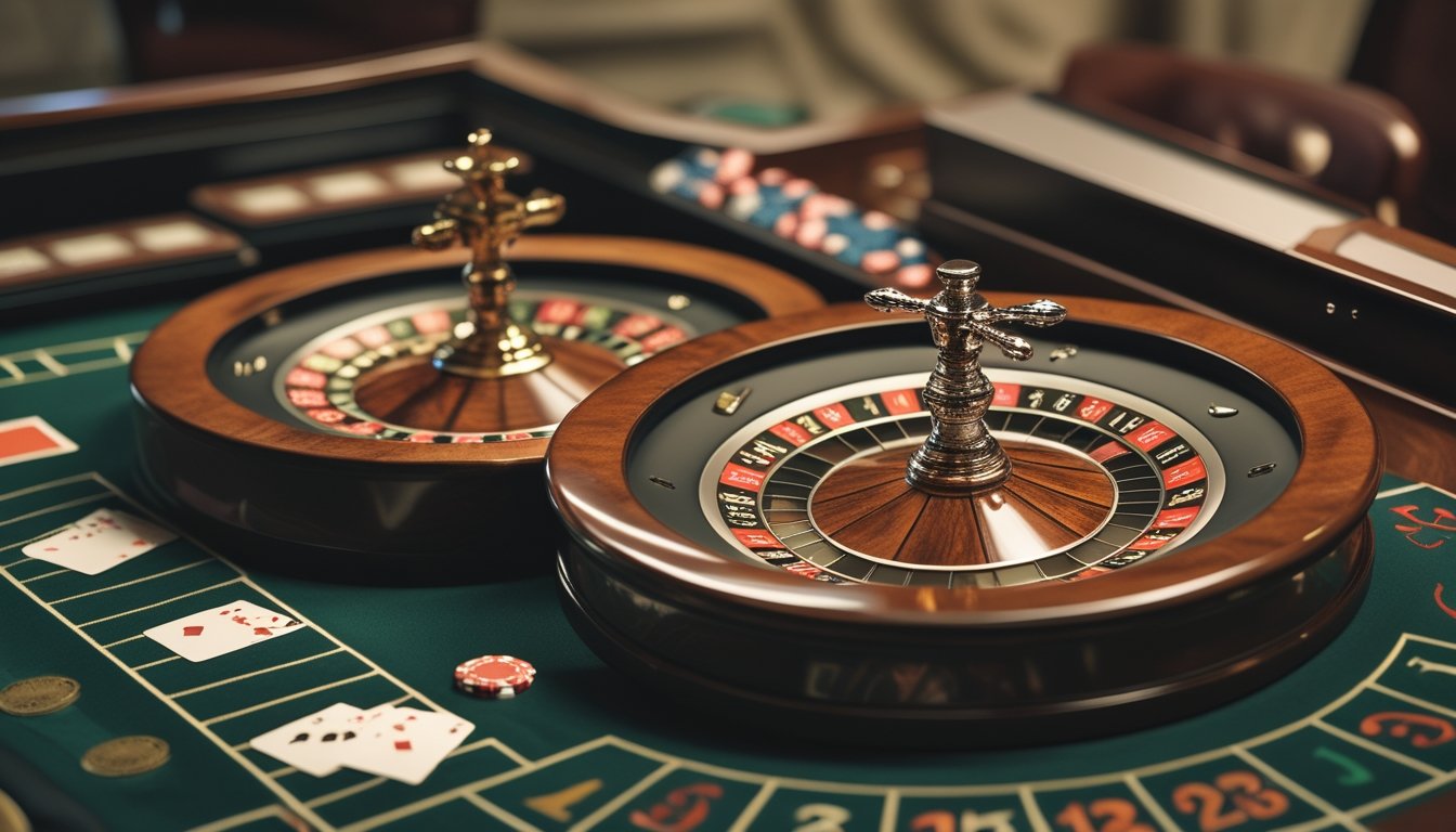 Foto close-up dua roda roulette, satu American dengan nol ganda dan satu European dengan nol tunggal, di atas meja kasino hijau dengan chip taruhan.