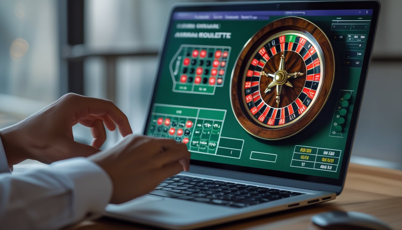 Seseorang bermain roulette Amerika secara online menggunakan laptop dengan chip taruhan digital di layar.