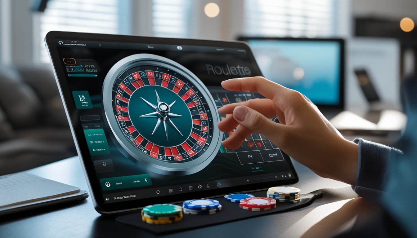 Tangan seseorang sedang bermain roulette Amerika secara online dengan tampilan roda roulette dan chip taruhan di layar.