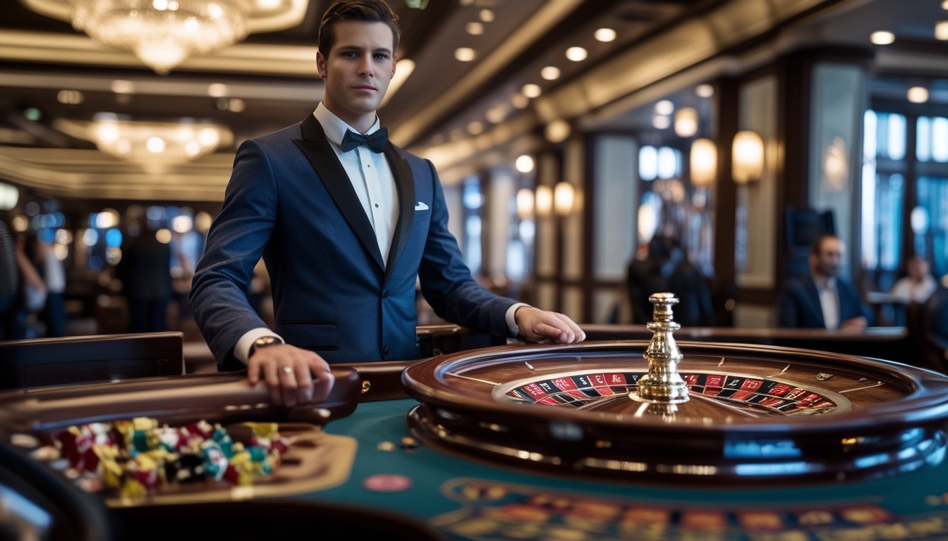 Seorang dealer profesional berdiri di belakang meja roulette Amerika di kasino yang mewah dan terpercaya.