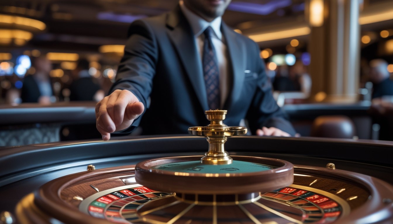 Seorang dealer profesional di meja roulette American live casino yang sedang menjalankan permainan dengan latar belakang kasino mewah.