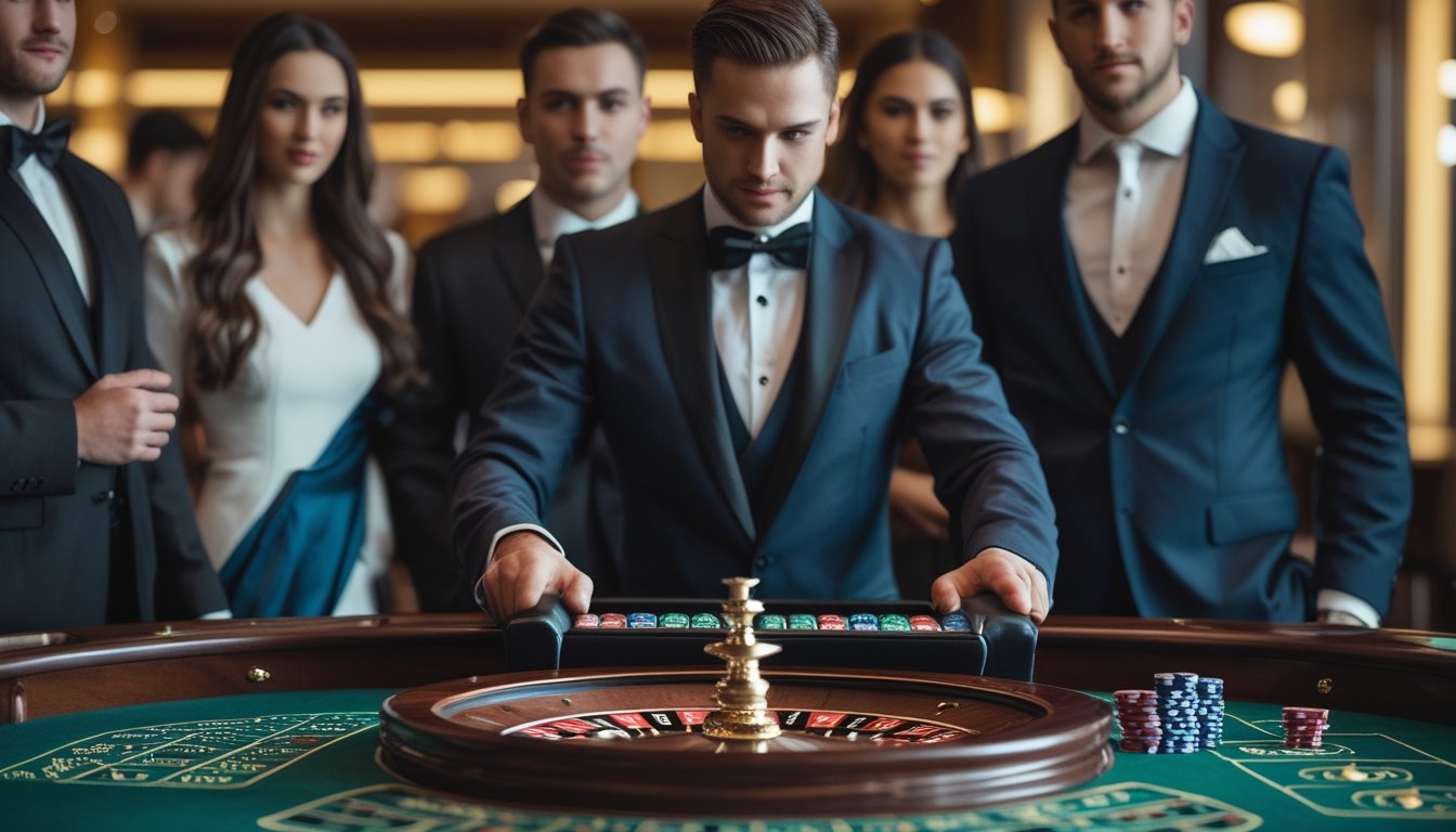 Seorang dealer berdiri di belakang meja roulette Amerika dengan pemain yang mengamati permainan di kasino mewah.