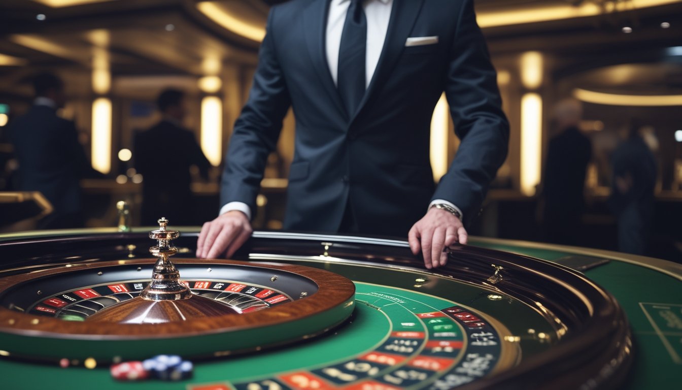 Seorang dealer berdiri di belakang meja roulette Amerika dengan pemain yang mengamati di latar belakang dalam suasana kasino mewah.