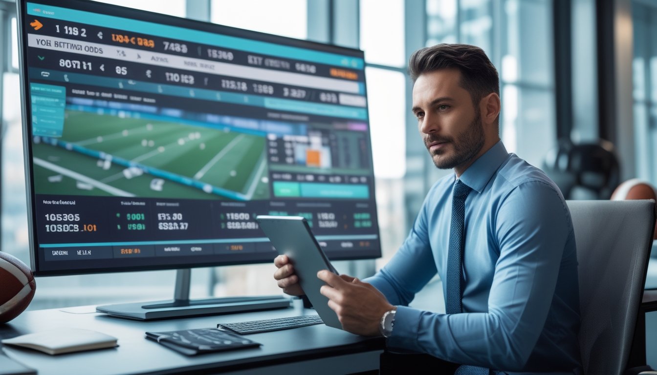 Seorang pria profesional sedang menganalisis peluang taruhan sepak bola di layar digital di kantor modern.