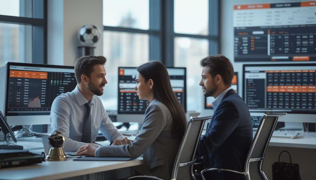 Dua orang sedang menganalisis data taruhan sepak bola di depan beberapa layar komputer di sebuah kantor modern.