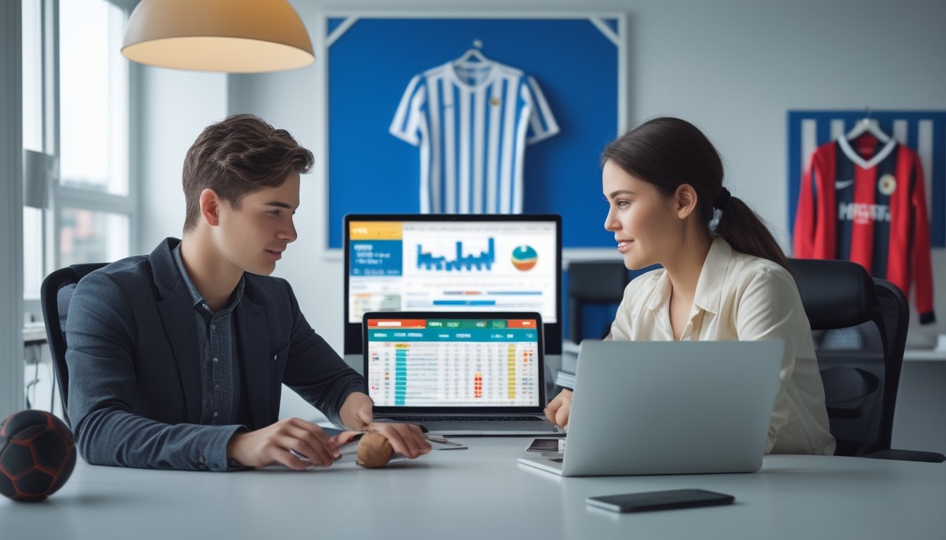 Dua orang muda duduk di meja modern sambil menganalisis strategi taruhan sepak bola dengan perangkat digital di ruang kantor yang terang.