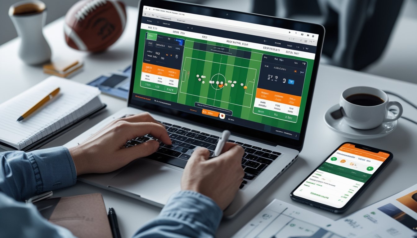 Seseorang sedang bekerja di meja dengan laptop yang menampilkan pertandingan sepak bola dan aplikasi taruhan, dilengkapi dengan catatan dan bola sepak kecil di meja.