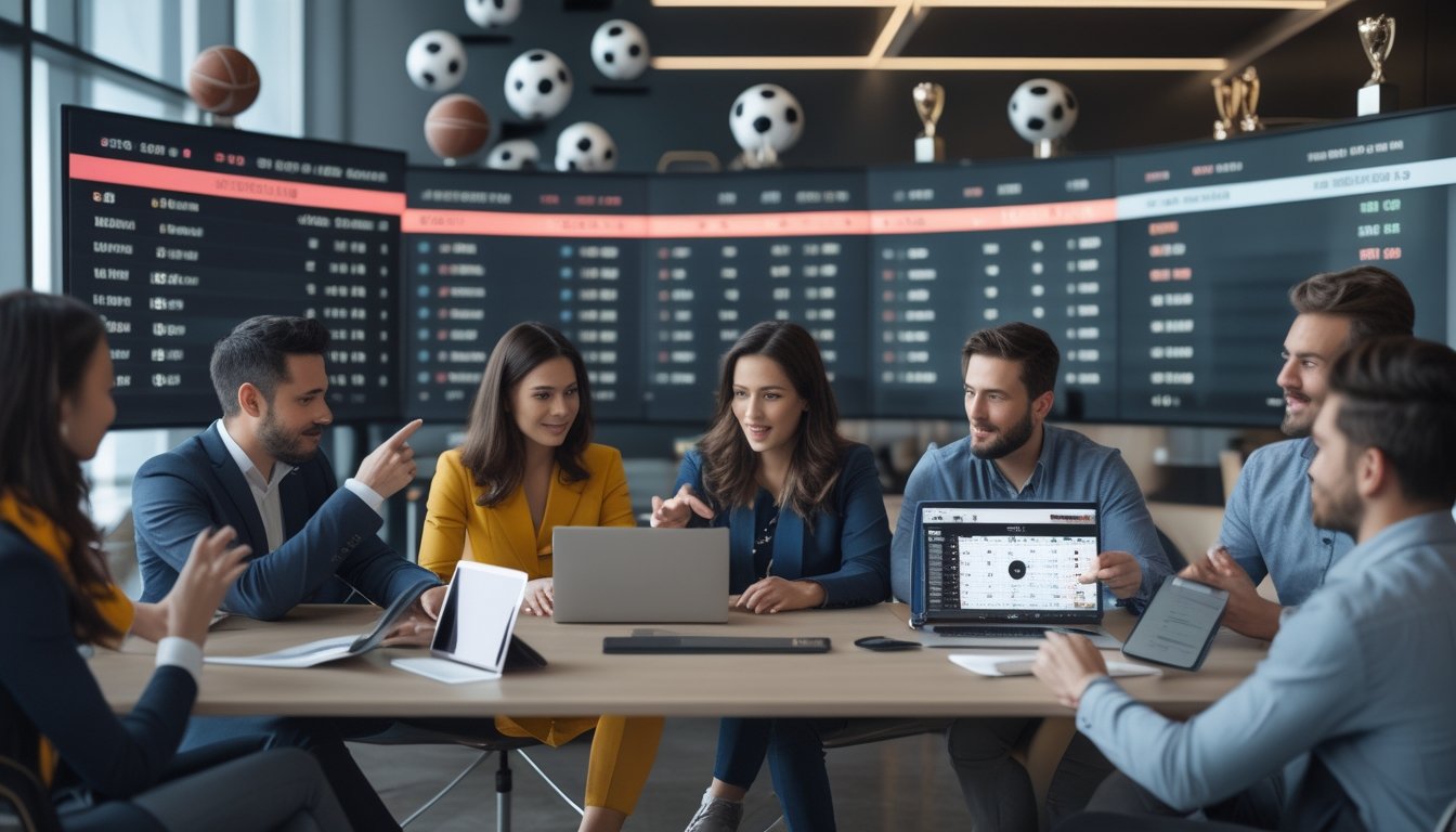 Sekelompok orang sedang berdiskusi dan menganalisis data taruhan sepak bola di layar digital dalam ruangan modern.