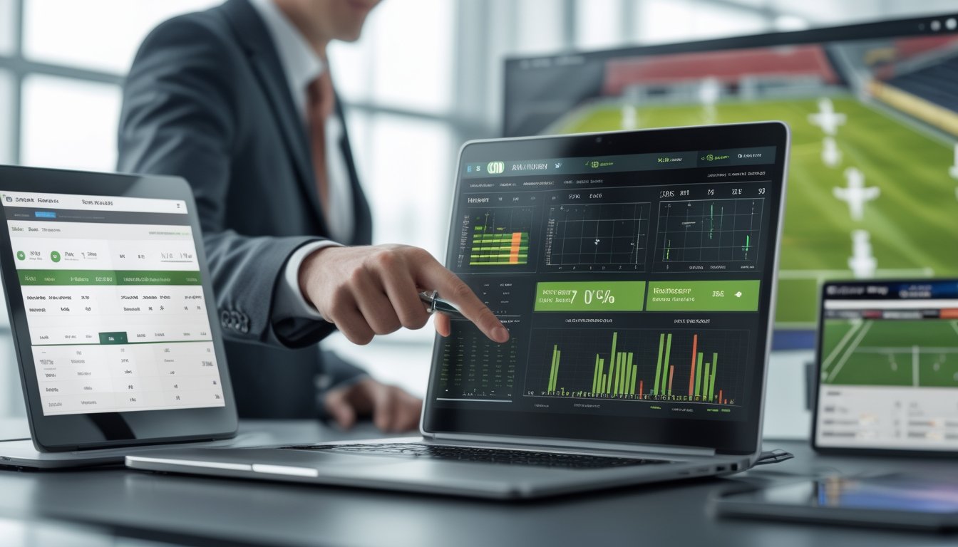 Seseorang sedang menganalisis data statistik taruhan sepak bola di meja kerja dengan laptop dan layar besar menampilkan grafik dan diagram lapangan sepak bola.