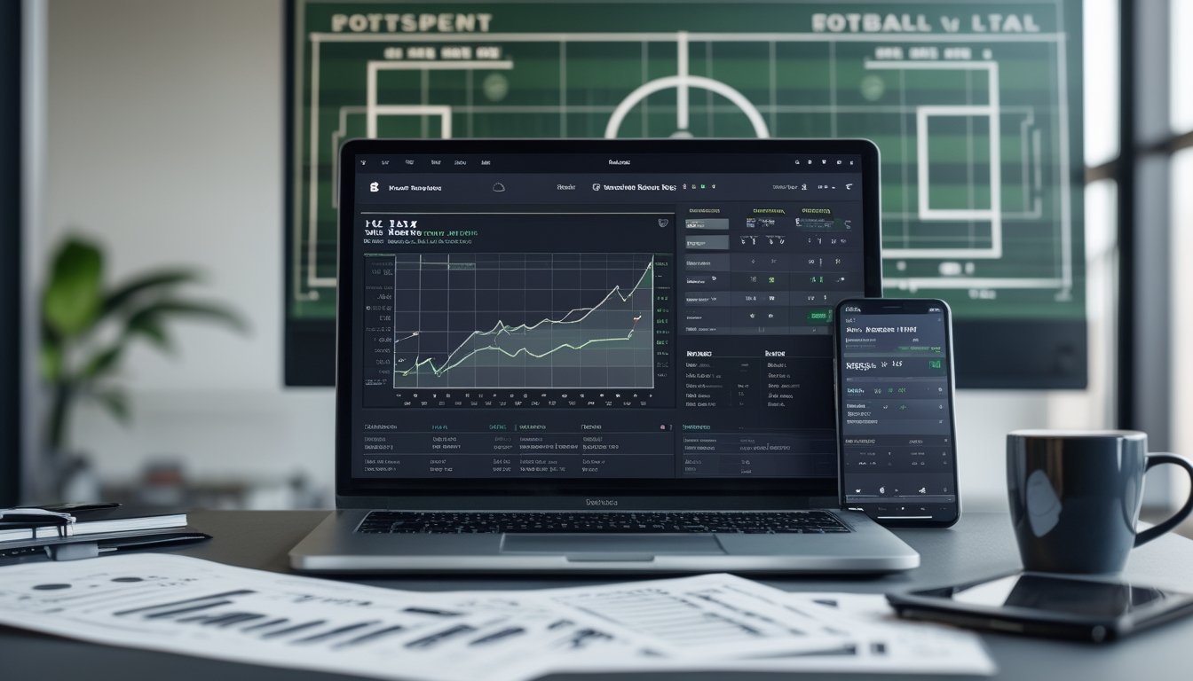 Meja kerja dengan laptop menampilkan grafik statistik, tablet dengan peluang taruhan, dan papan dengan diagram taktik sepak bola.
