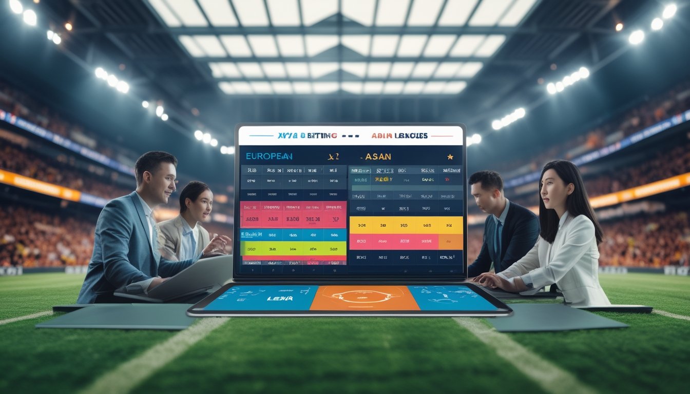 Beberapa orang sedang menganalisis data taruhan sepak bola di depan layar digital dengan latar belakang stadion penuh penonton.