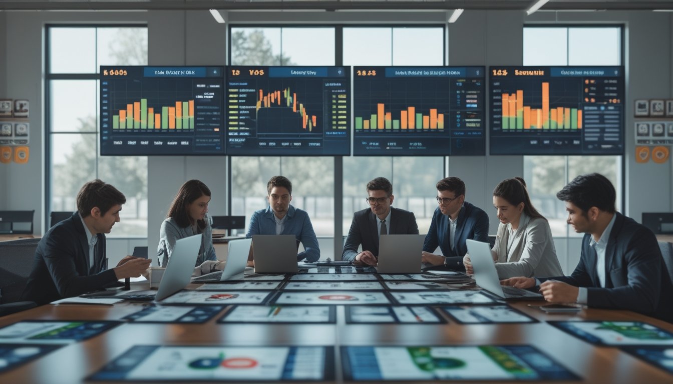 Sekelompok analis sedang bekerja bersama di ruang kantor dengan layar yang menampilkan grafik dan statistik pertandingan sepak bola dari liga Eropa dan Asia.