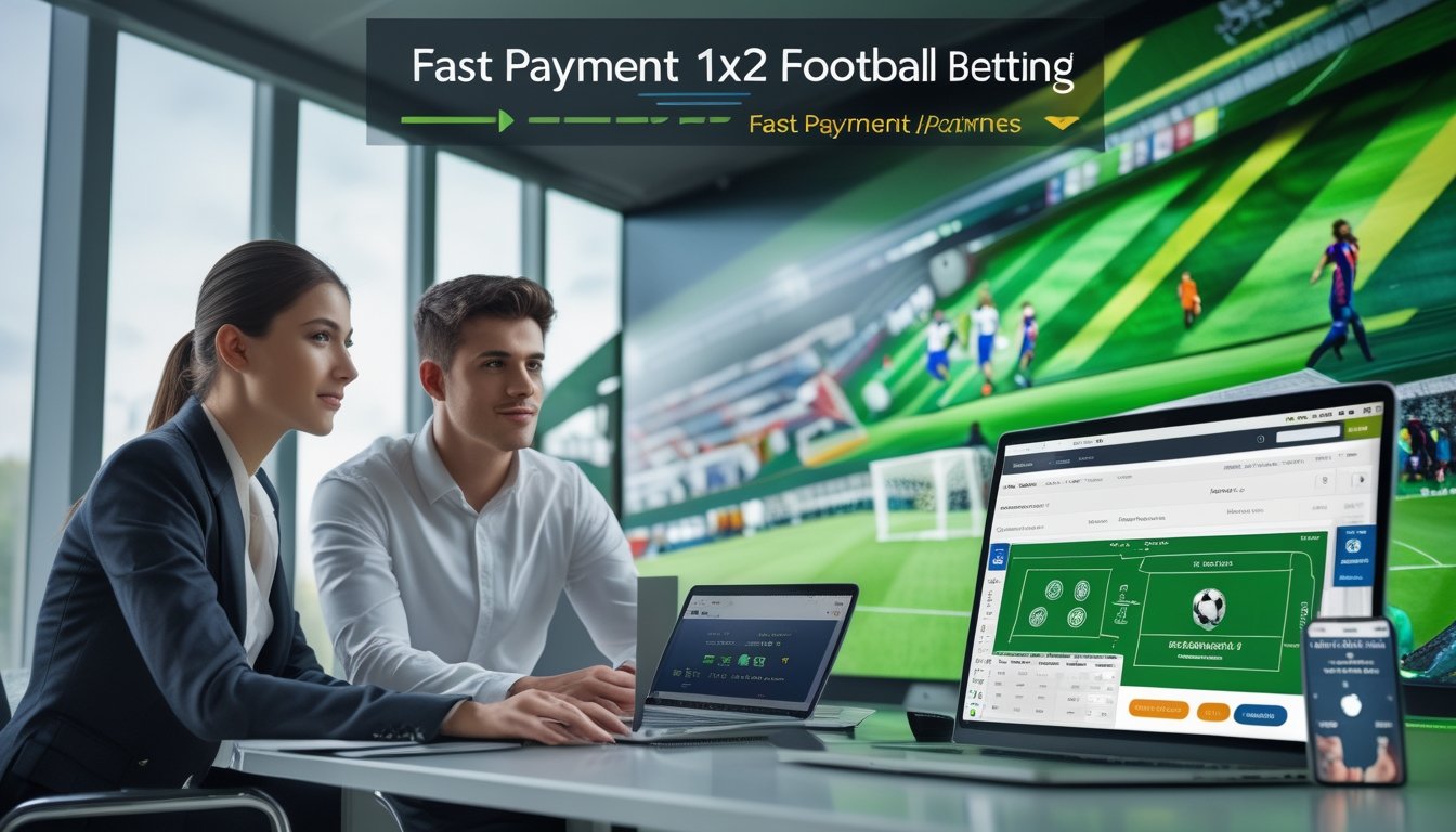Seorang pria dan wanita sedang berdiskusi di kantor dengan laptop yang menampilkan antarmuka taruhan sepak bola dan layar besar menunjukkan pertandingan sepak bola yang sedang berlangsung.