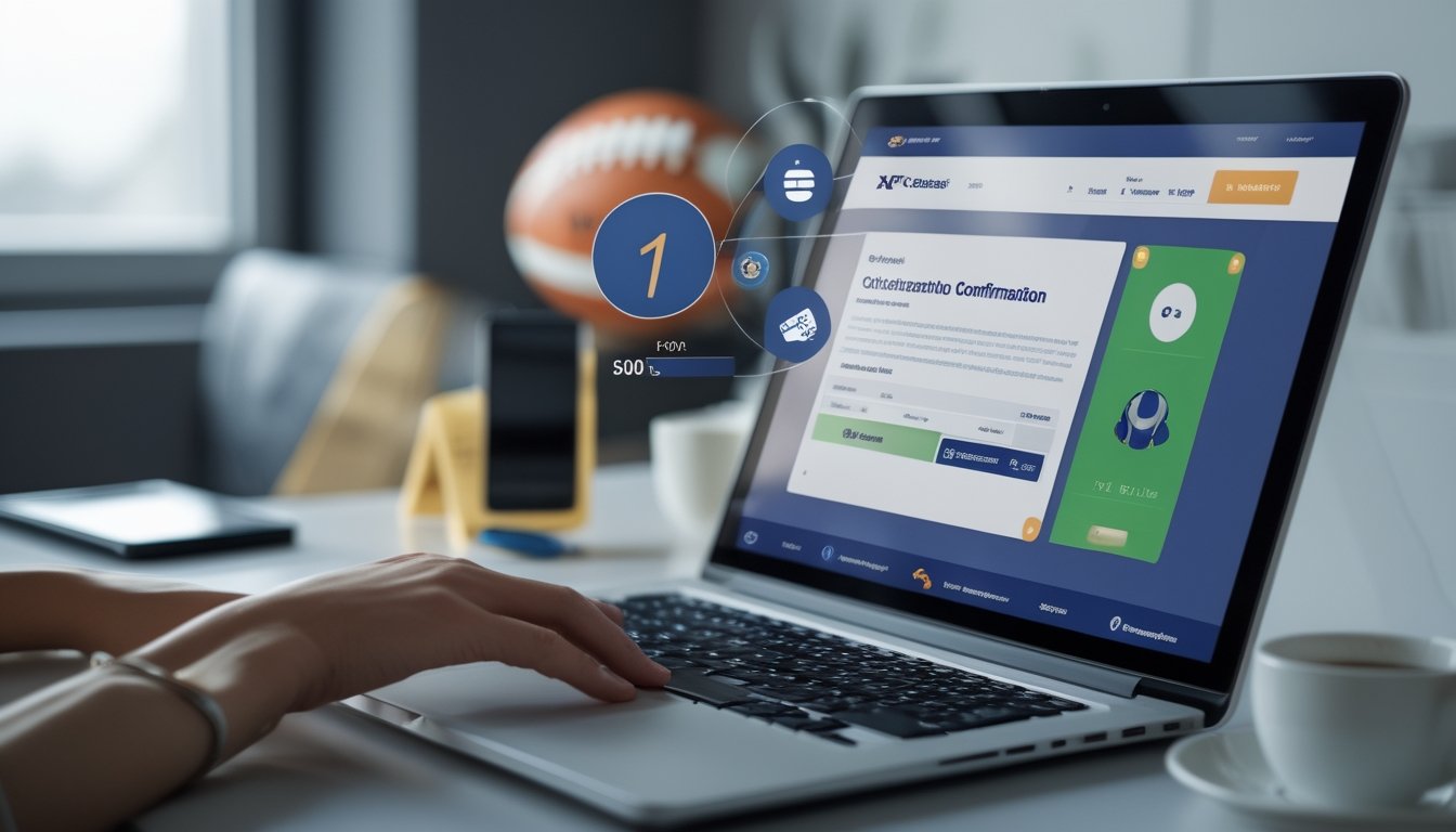 Seseorang menggunakan laptop untuk melakukan pembayaran cepat di situs taruhan sepak bola dengan tampilan antarmuka taruhan dan simbol pembayaran digital.