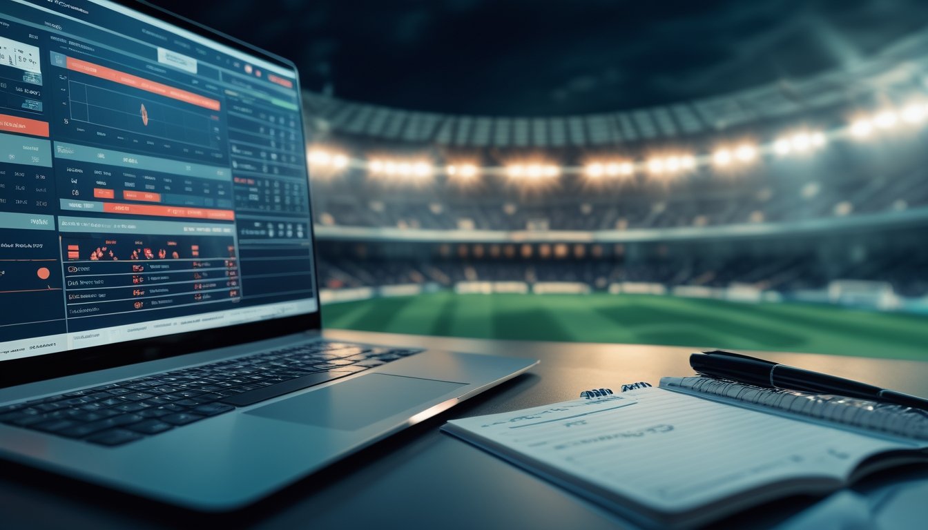 Seorang profesional sedang menganalisis peluang taruhan sepak bola dengan laptop dan catatan di meja kerja, latar belakang stadion sepak bola yang ramai.