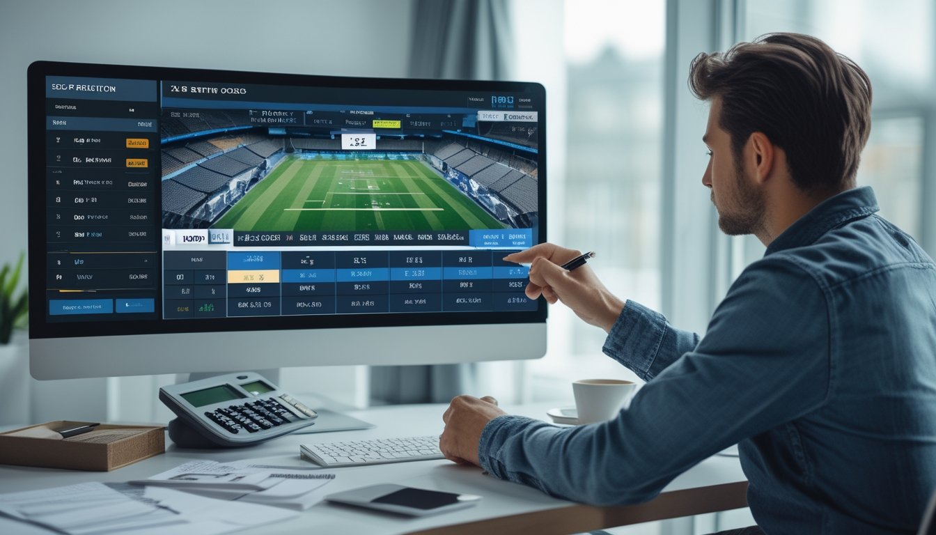 Seseorang sedang menganalisis data taruhan sepak bola di depan komputer dengan grafik dan angka odds.
