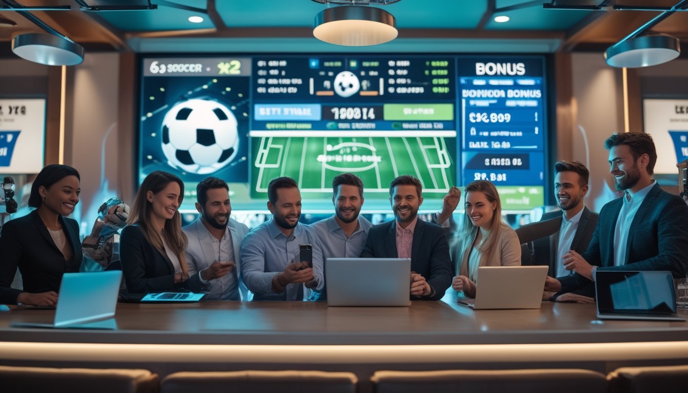 Sekelompok orang sedang berkumpul di ruang olahraga modern dengan layar digital menampilkan statistik pertandingan sepak bola dan opsi taruhan 1X2.