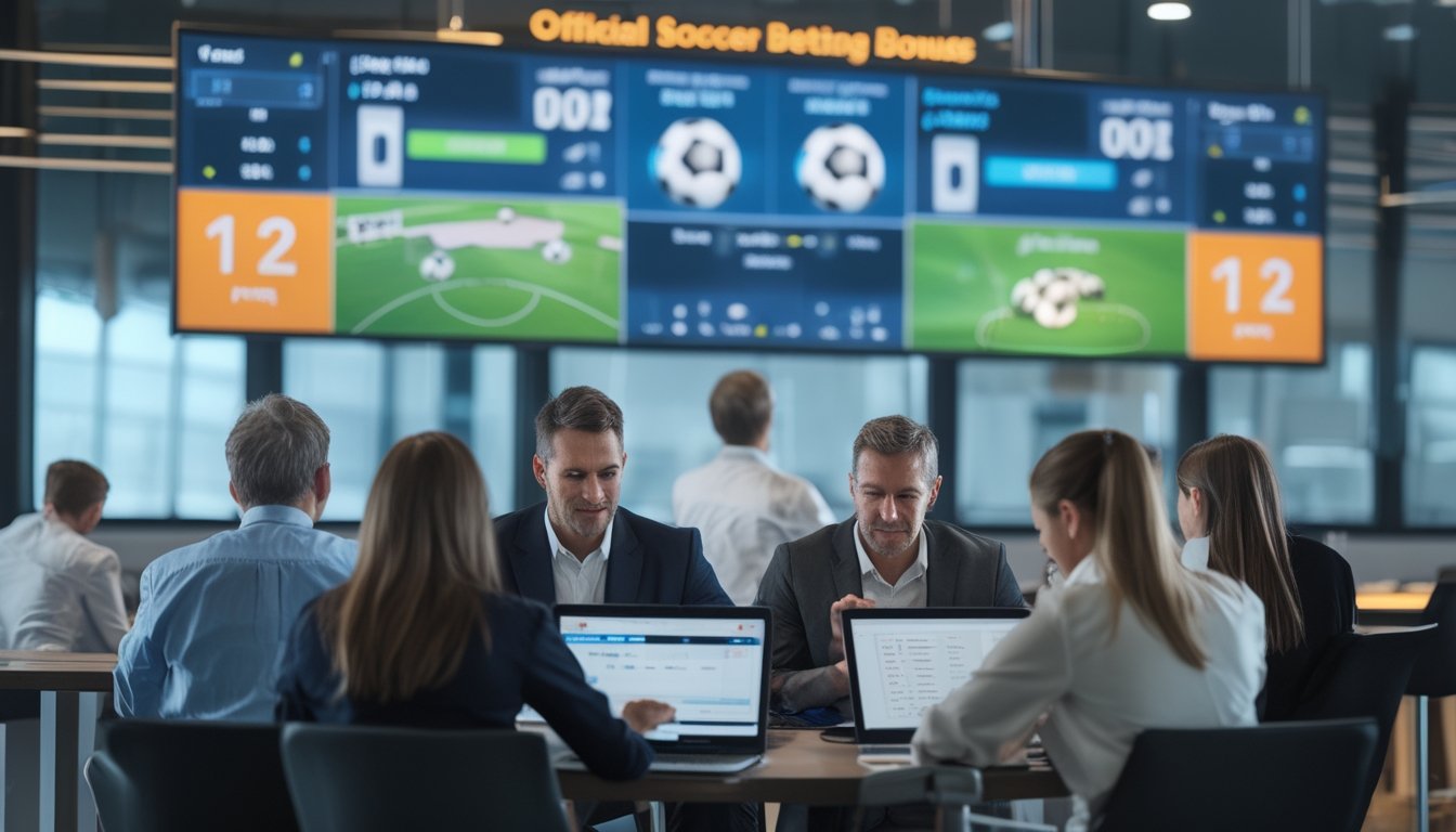 Orang-orang sedang memasang taruhan sepak bola 1X2 di sebuah ruang taruhan modern dengan layar besar menampilkan statistik dan pertandingan sepak bola.