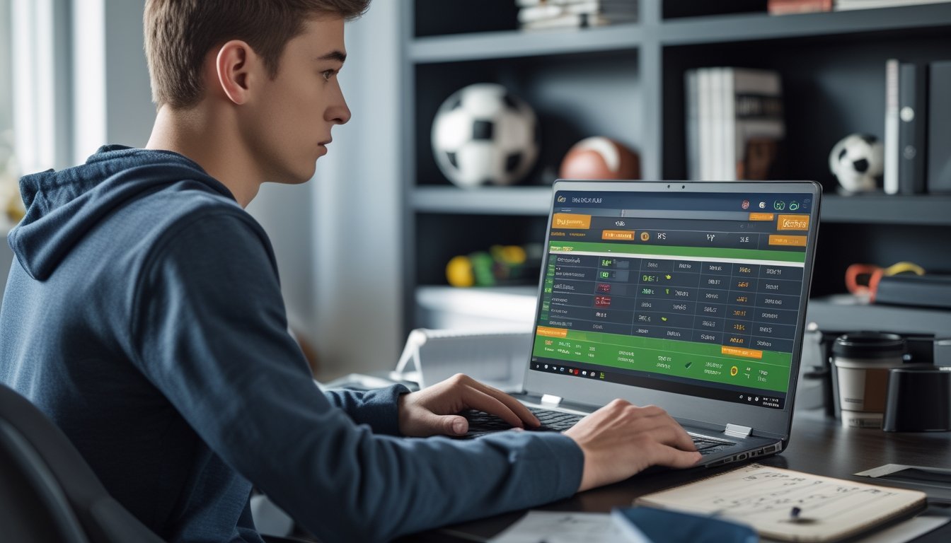 Seorang pria muda duduk di meja dengan laptop, menganalisis strategi taruhan sepak bola 1X2 dengan bola sepak dan catatan di sekitarnya.