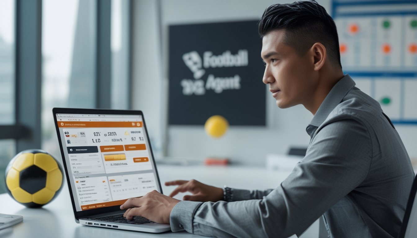 Seorang pria Indonesia duduk di meja dengan laptop, menganalisis peluang taruhan sepak bola dalam suasana kantor yang terang dan rapi.