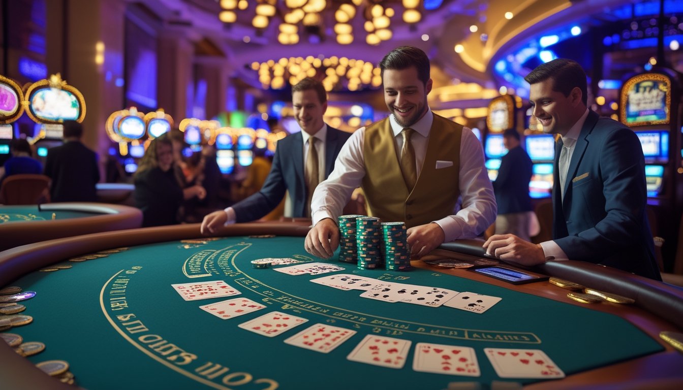 Meja blackjack di kasino yang ramai dengan dealer dan pemain yang antusias di Las Vegas Strip pada malam hari.
