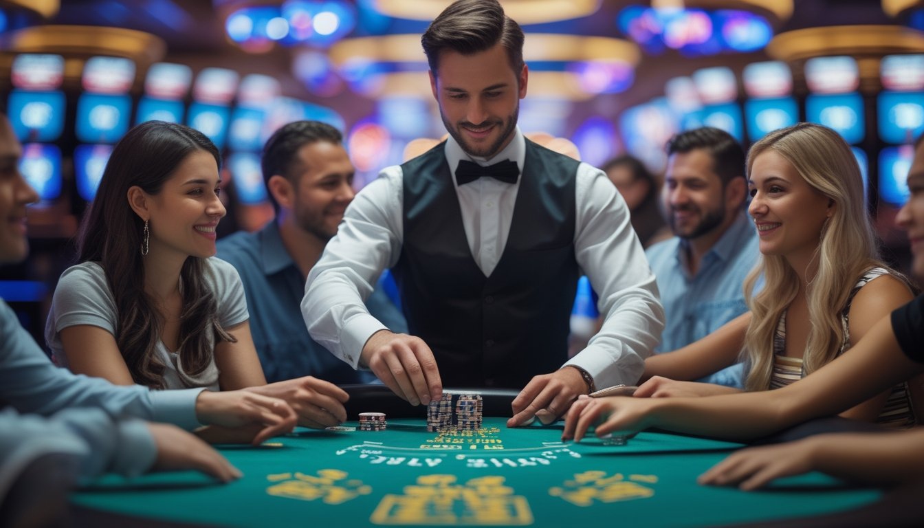 Seorang dealer dan pemain sedang bermain blackjack di meja kasino yang ramai di Las Vegas Strip.