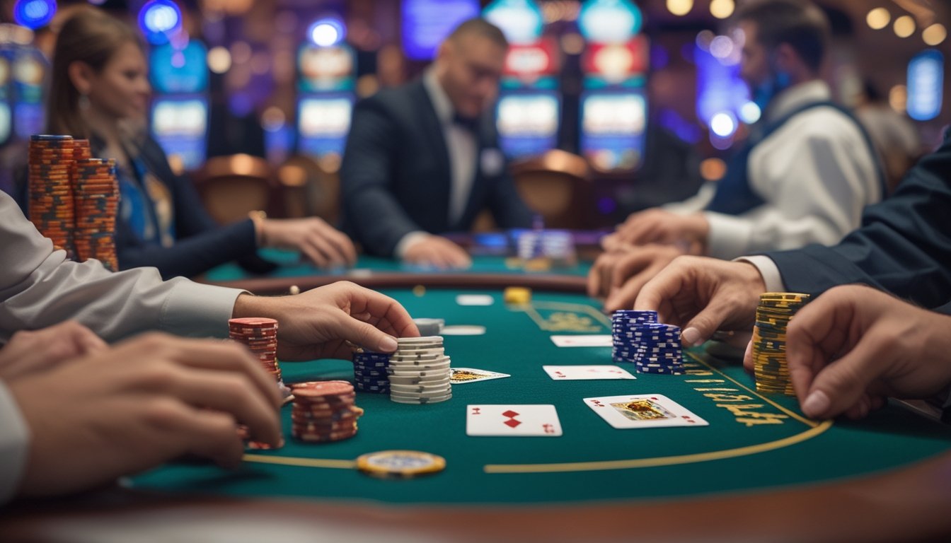 Suasana meja blackjack di kasino dengan pemain dan dealer yang sedang bermain kartu.