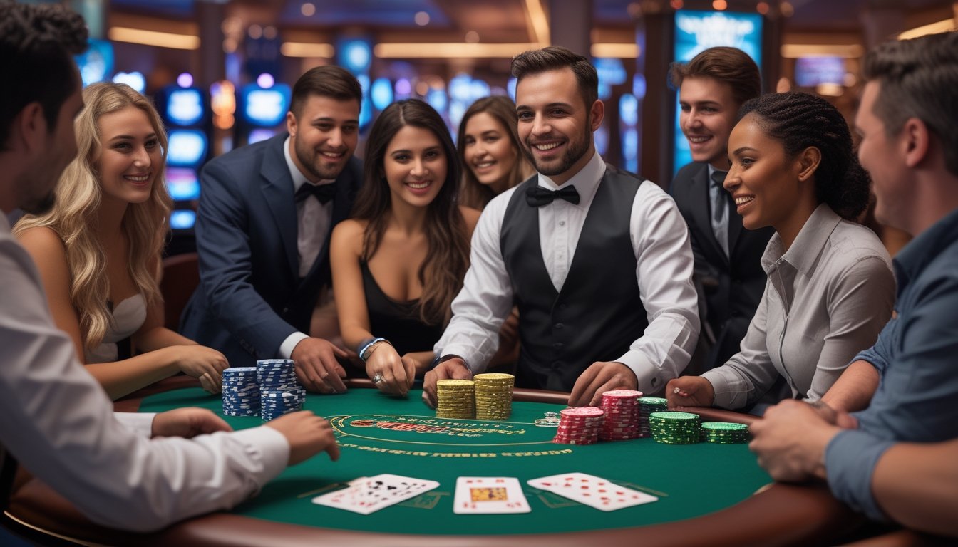 Meja blackjack di kasino Vegas Strip dengan dealer dan pemain yang sedang bermain kartu.