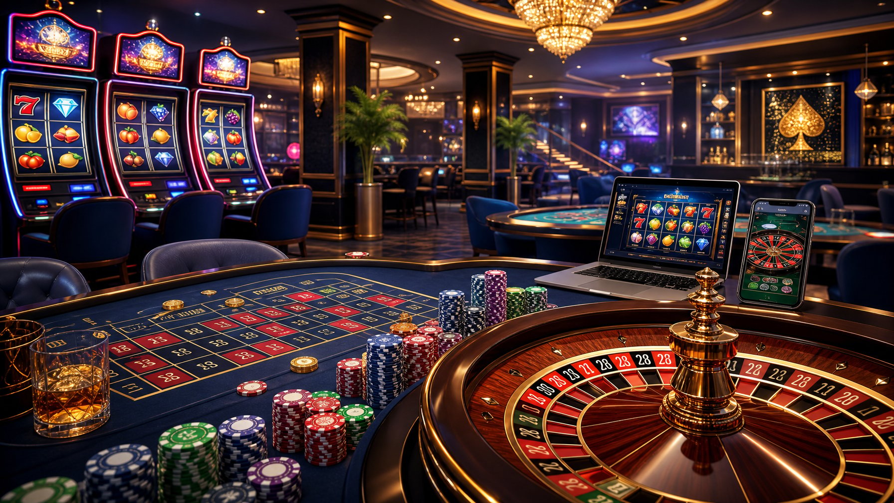 A Luxurious Casino Interior With Slot Machines, A Roulette Table, And Digital Devices Showing Casino Games.
