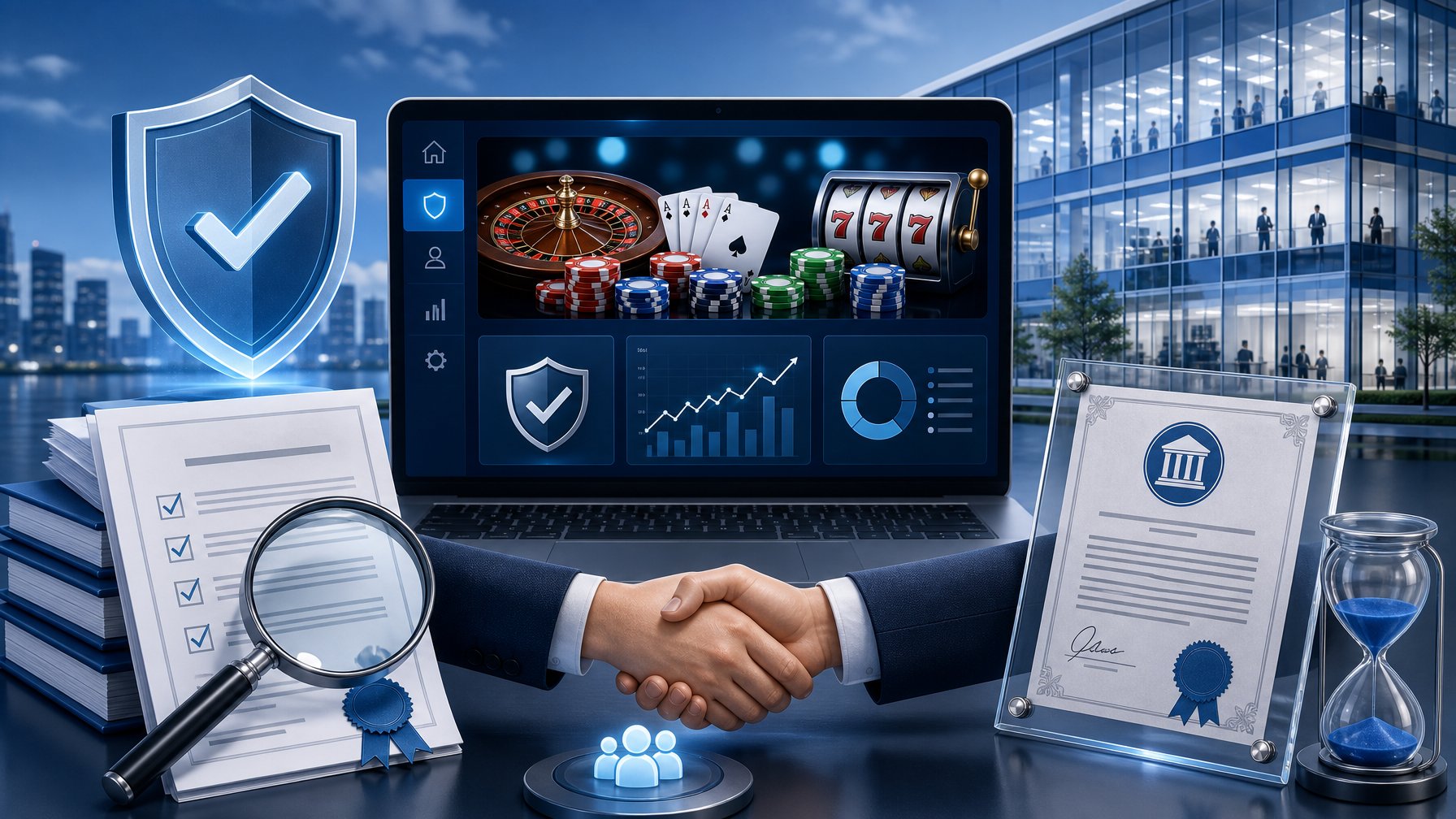 A Digital Interface Showing Symbols Of Trust And Licensing Like A Shield With A Checkmark, Certificates, Data Charts, A Handshake, And A Glass Corporate Building Representing Transparency.