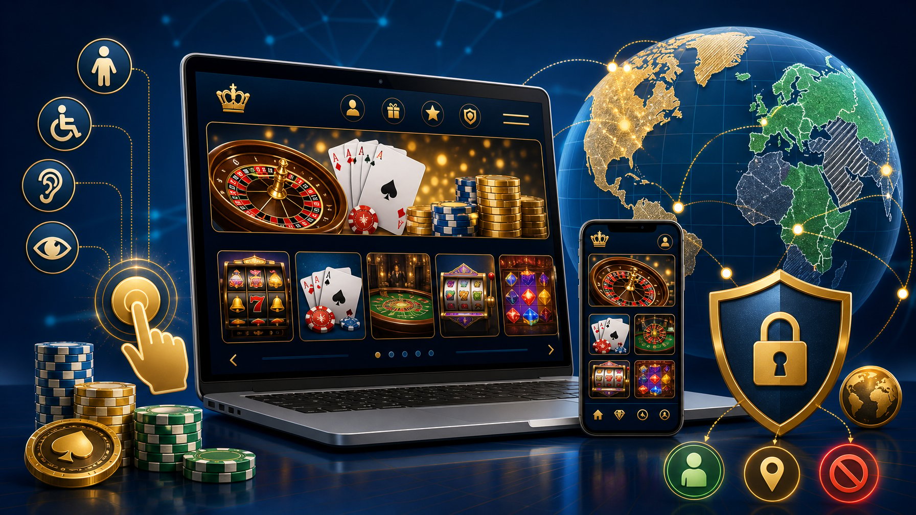 A Laptop And Smartphone Showing An Online Casino Interface Surrounded By Symbols Of Global Regions, Security Shields, And UserFriendly Icons Representing Access And Regional Restrictions.