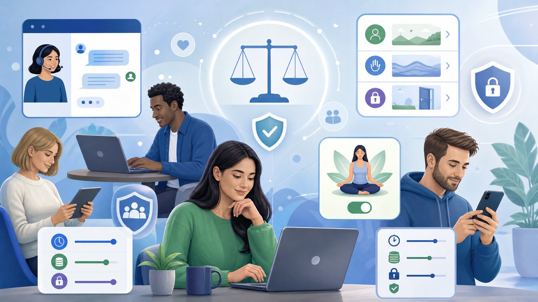 People Using Digital Devices With Symbols Of Fairness And Security Around Them, Representing Responsible Gambling And Support.