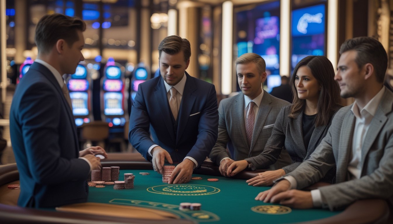 Suasana meja blackjack di kasino dengan dealer dan pemain yang fokus, latar belakang pemandangan Las Vegas Strip.