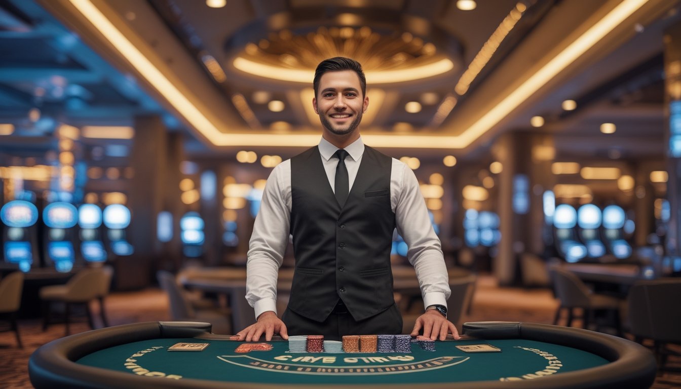 Seorang bandar blackjack berdiri di belakang meja kartu di kasino yang mewah dengan lampu neon dan mesin slot di latar belakang.