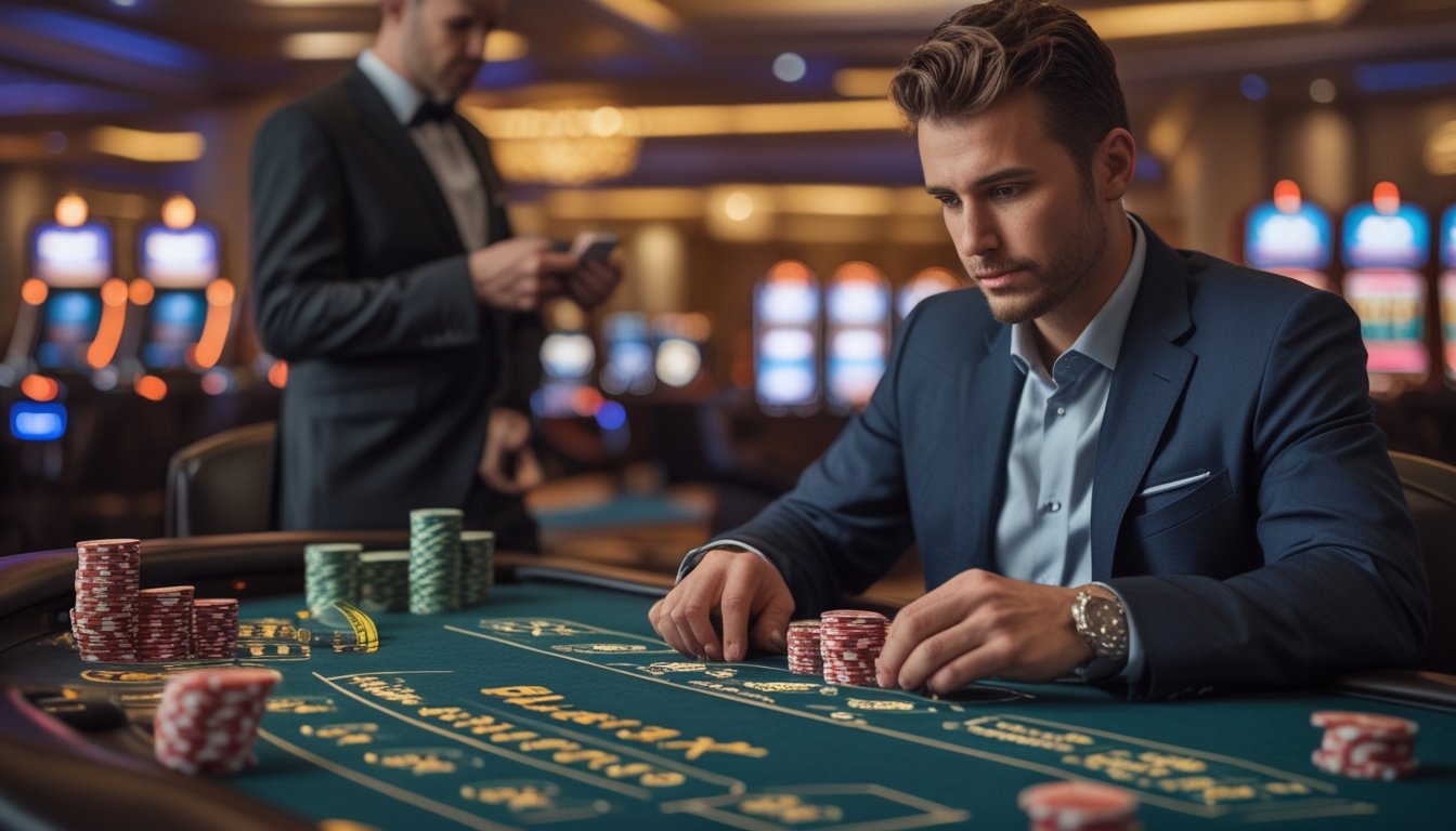 Seorang pemain fokus duduk di meja blackjack dengan kartu dan chip di tangan di dalam kasino mewah.