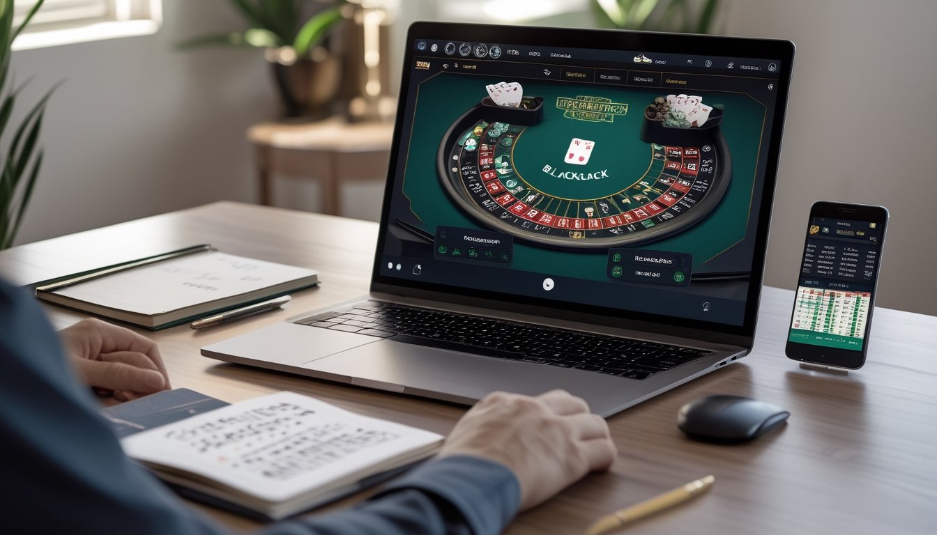 Seorang pemain sedang bermain blackjack online di laptop dengan kartu dan chip terlihat jelas di layar, di meja terdapat buku catatan dan ponsel, suasana ruang kerja yang rapi dan terang.