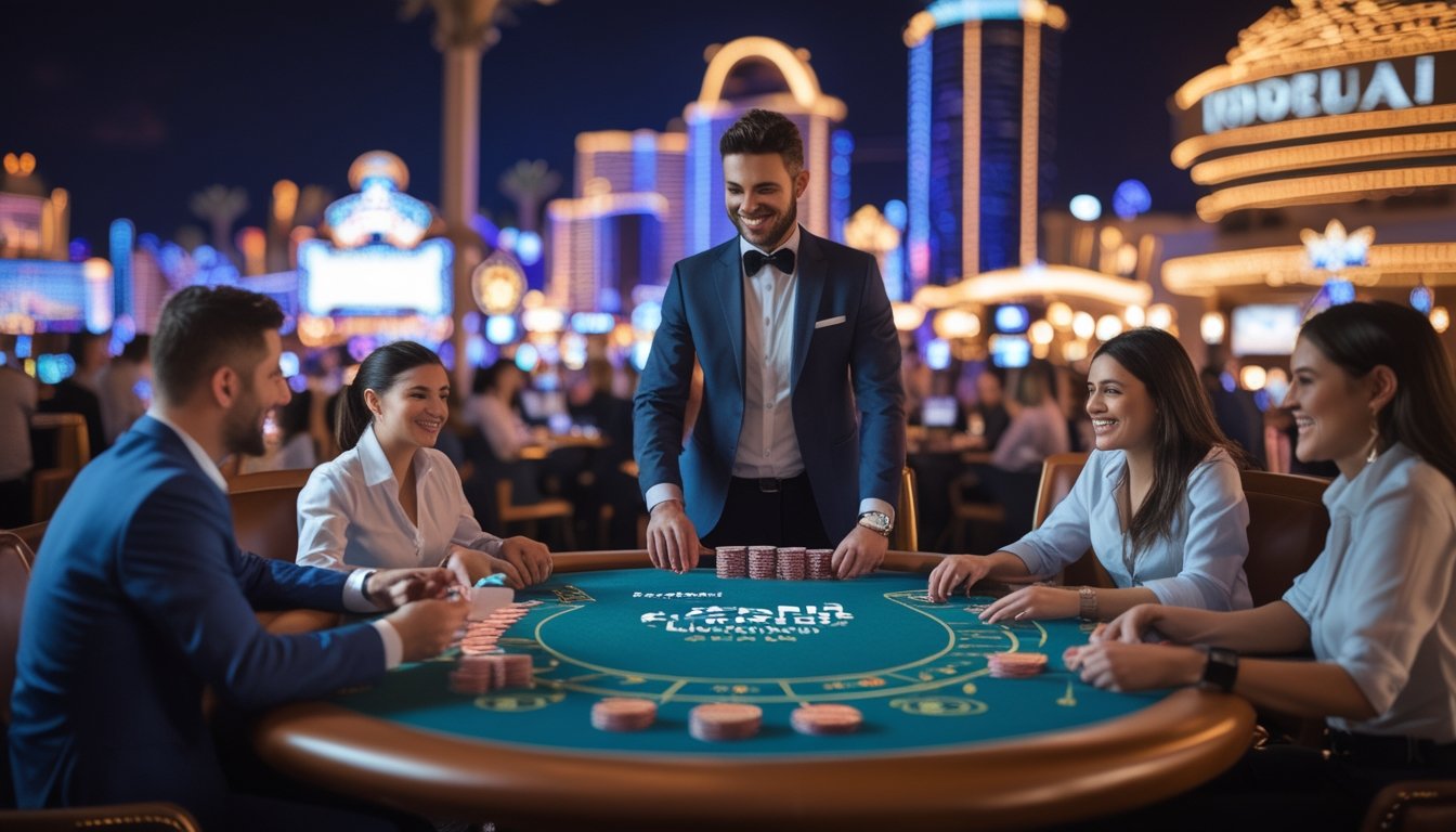 Meja blackjack di kasino dengan dealer dan pemain yang antusias, latar belakang pemandangan Las Vegas Strip pada malam hari.