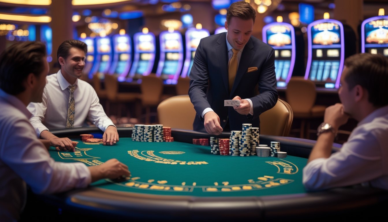 Seorang dealer dan beberapa pemain sedang bermain blackjack di meja kasino dengan lampu warna-warni di latar belakang.