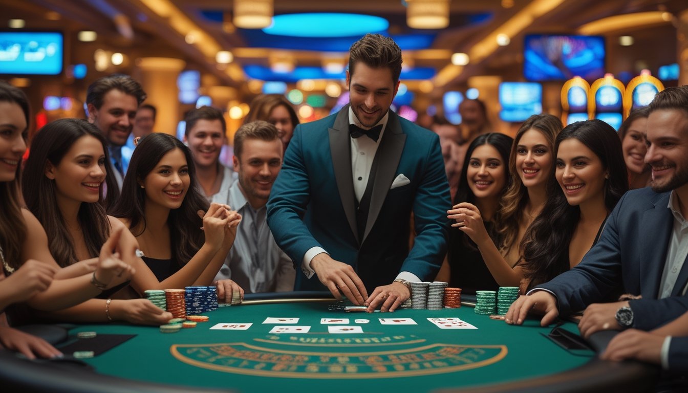 Suasana meja blackjack di kasino yang ramai dengan dealer dan pemain yang antusias, latar belakang menampilkan lampu neon dan elemen khas Las Vegas Strip.