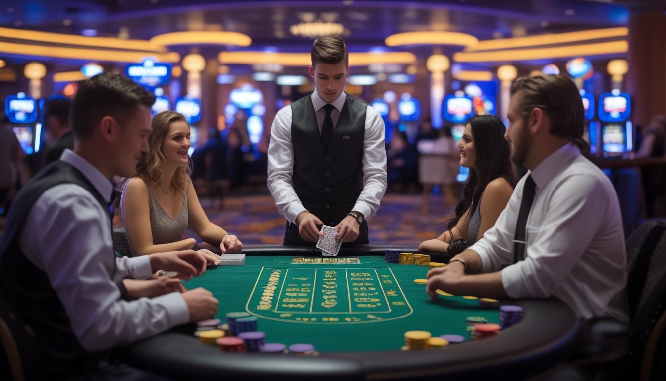 Suasana meja blackjack di kasino Vegas Strip dengan dealer dan pemain yang sedang bermain kartu.