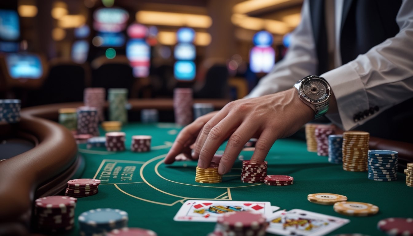 Tangan pemain sedang mengelola chip dan kartu di meja Blackjack di kasino Las Vegas Strip.
