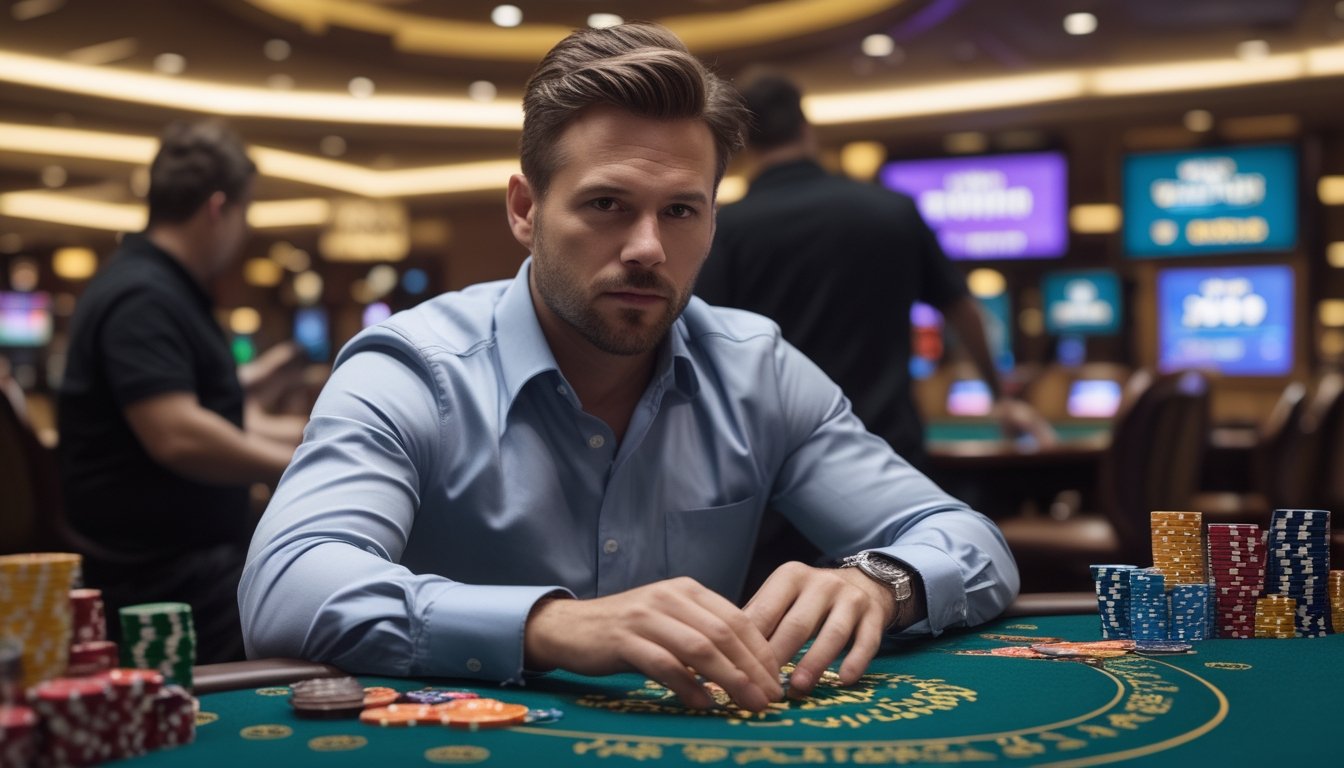Seorang pria sedang mengelola chip dan uang di meja blackjack di kasino mewah Vegas Strip.