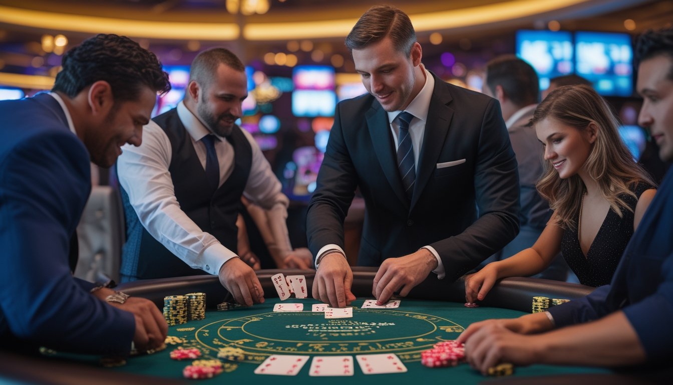 Meja blackjack dengan pemain dan dealer di kasino yang ramai di Las Vegas Strip.