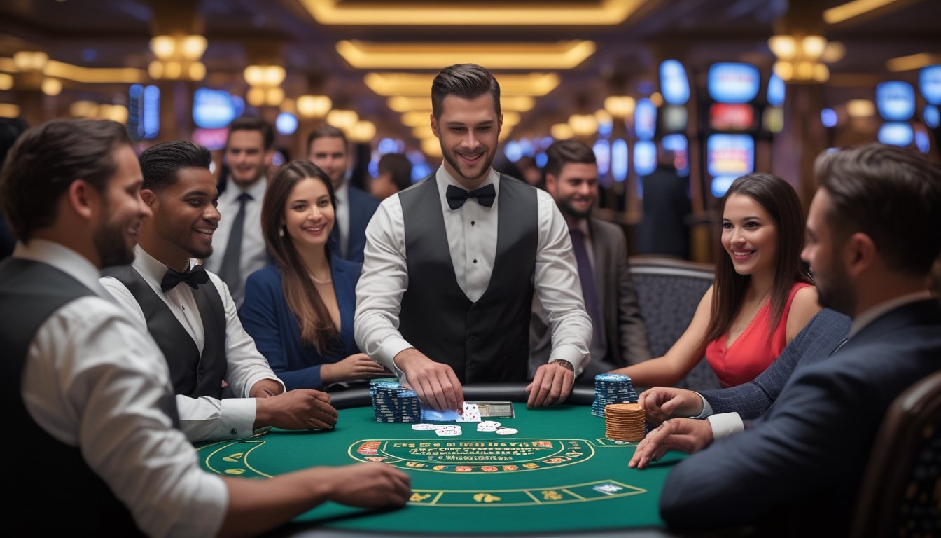 Sekelompok pemain berjudi di meja blackjack resmi di kasino Vegas Strip dengan dealer membagikan kartu dan suasana kasino yang ramai.