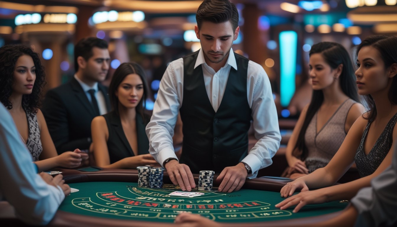 Suasana meja blackjack di kasino Vegas Strip dengan dealer dan pemain yang fokus bermain kartu.